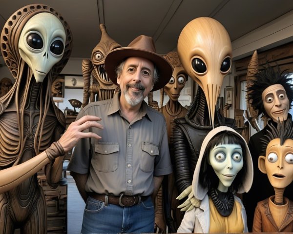 Man in Cowboy Hat Among Unique Alien Characters