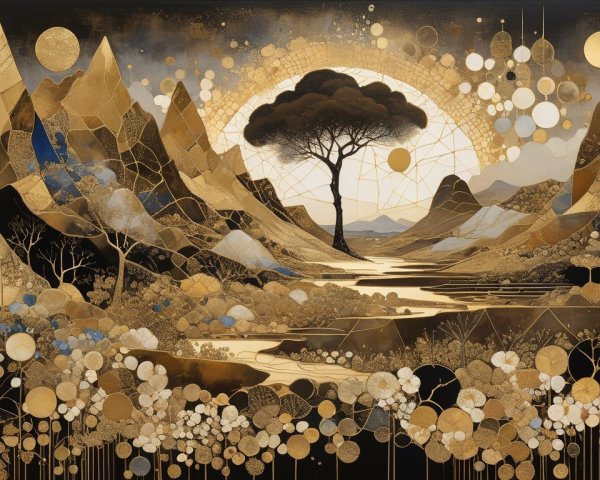 Surreal Landscape with Mountains and Serene River