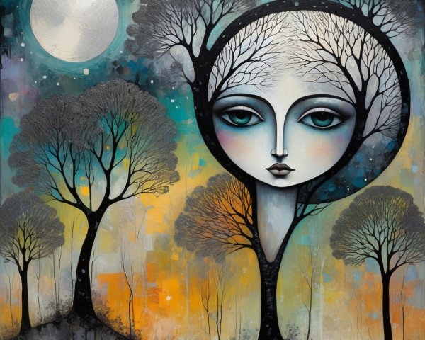 Vibrant Oil Painting of a Female Face in a Forest