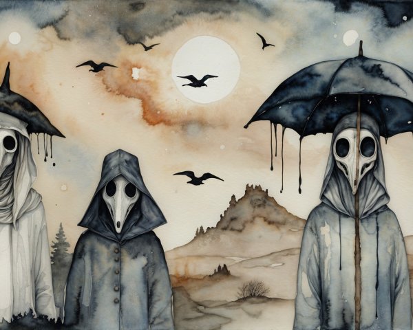 Figures in Cloaks with Masks in Eerie Landscape