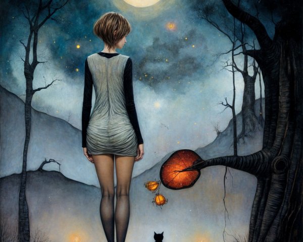Surreal Moonlit Scene with Figure and Cat