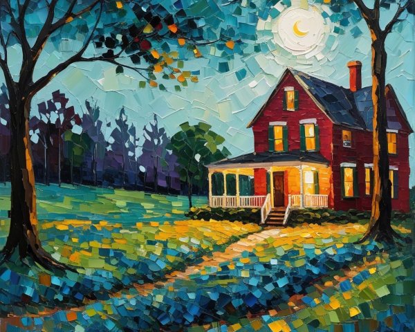 Impressionistic Painting of a Red House at Night