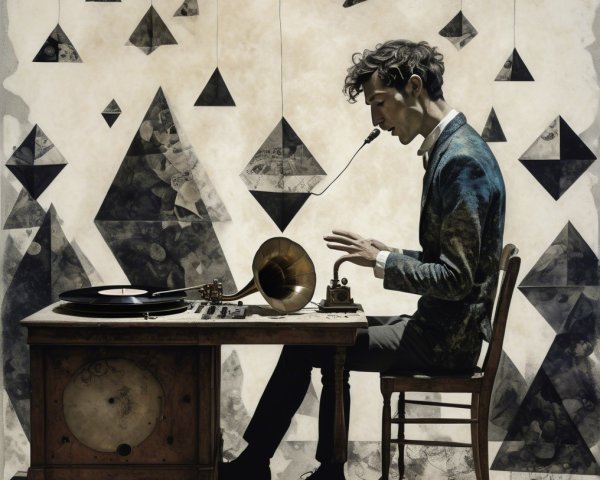 Lone Figure at Vintage Desk with Antique Gramophone