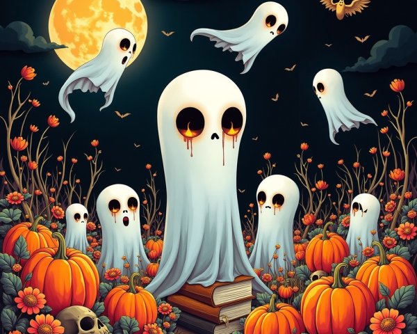 Whimsical Halloween Scene with Ghosts and Pumpkins