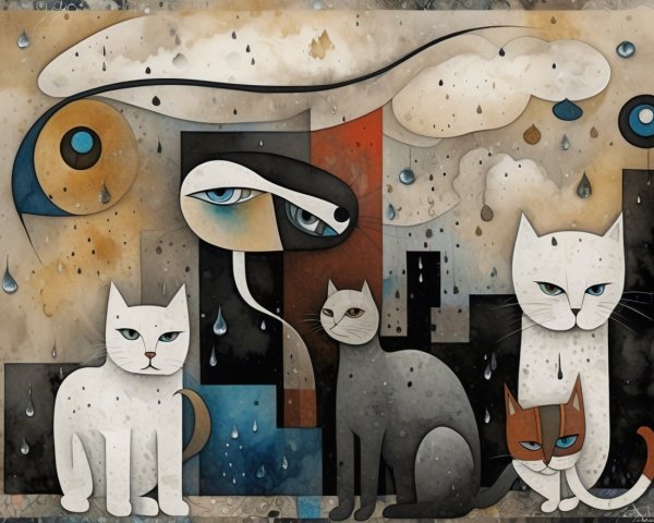Stylized Cats in a Whimsical Cityscape Artwork
