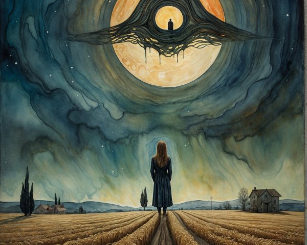 Solitary Figure in Golden Field Under Night Sky