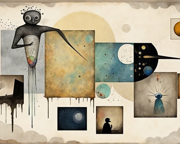 Surreal Artwork with Abstract Figure and Celestial Themes