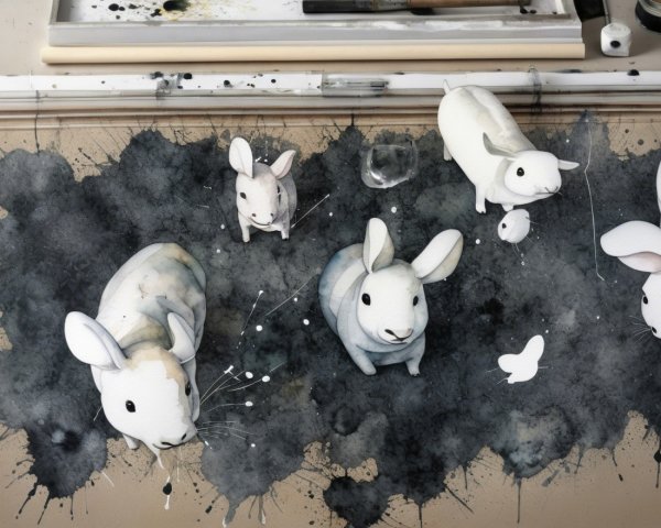 Whimsical Cartoonish Rabbits on Dark Abstract Background