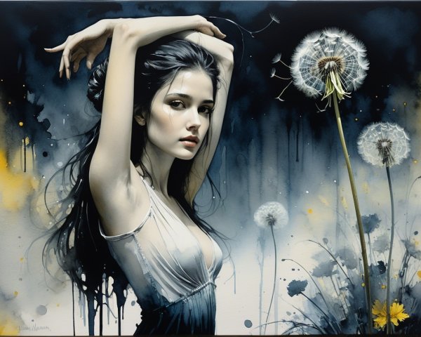 Portrait of a Young Woman with Dandelion Backdrop