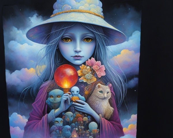 Mystical Young Girl with Blue Skin and Enchanting Creatures