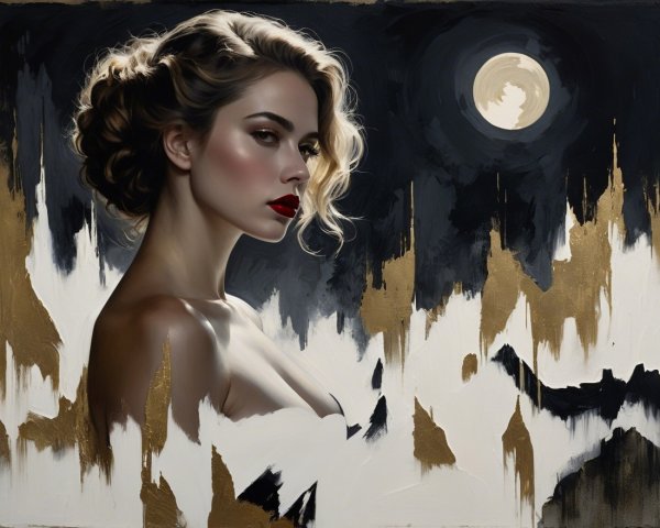 Profile of a Woman with Wavy Hair and Moonlit Background