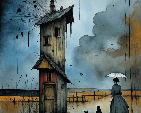Surreal Landscape with Wooden House and Cats