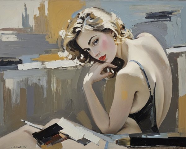 Woman in Lingerie with Abstract Background in Painting