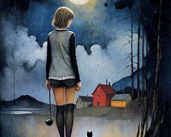 Girl by a lake at night with a cat and village view
