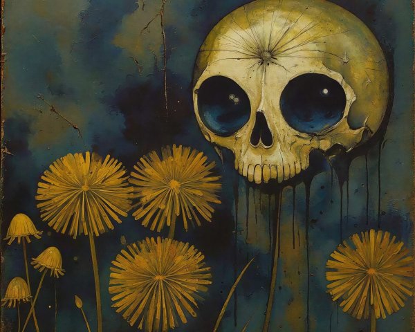 Cartoonish Skull Oil Painting with Floral Elements