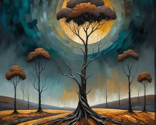 Abstract Landscape with Silhouetted Trees and Sunlight