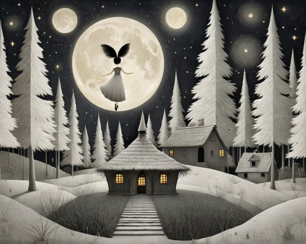 Whimsical Nighttime Scene with Fairy and Moon