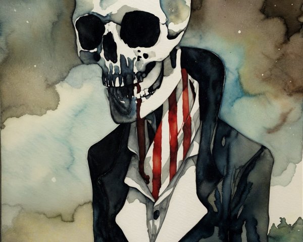 Haunting Watercolor of Skeletal Figure in Dark Setting