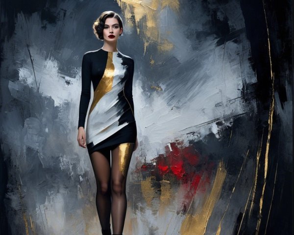 Confident Figure in Sleek Dress with Bold Background