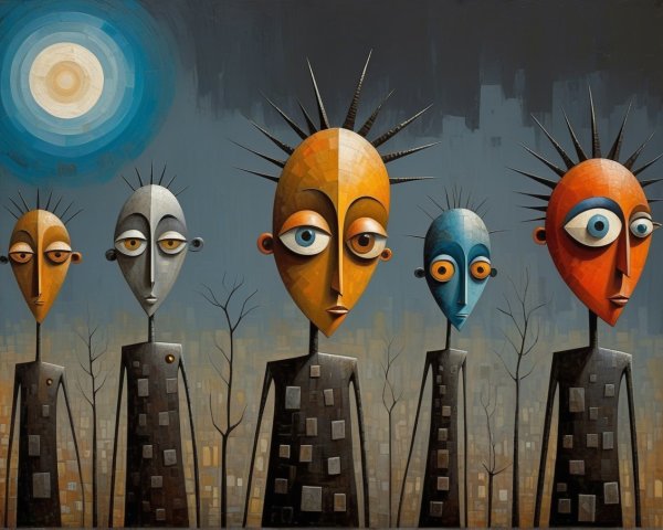 Stylized Figures in Abstract Landscape with Moon