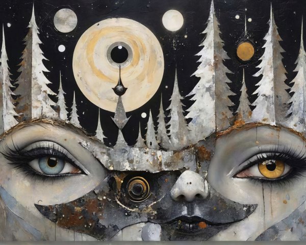 Abstract Mixed-Media Painting of Fragmented Feminine Face