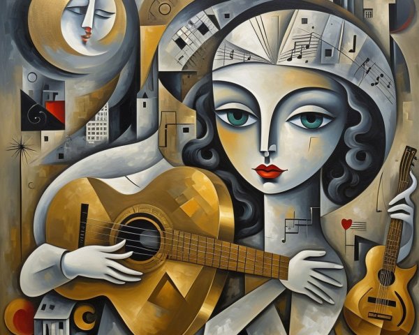 Abstract Painting of a Woman Playing Guitar with Moon