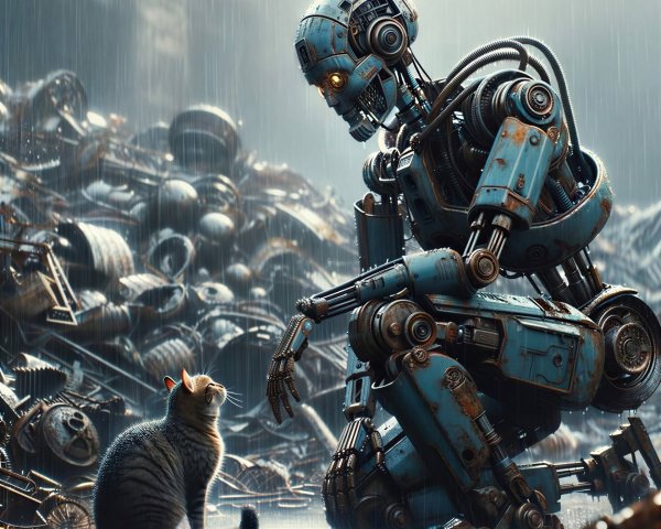 Cyberpunk Robot Interacting with a Tabby Cat in Junkyard