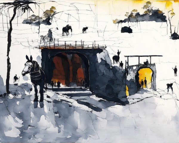 Stark Landscape with Horses and Silhouetted Figures