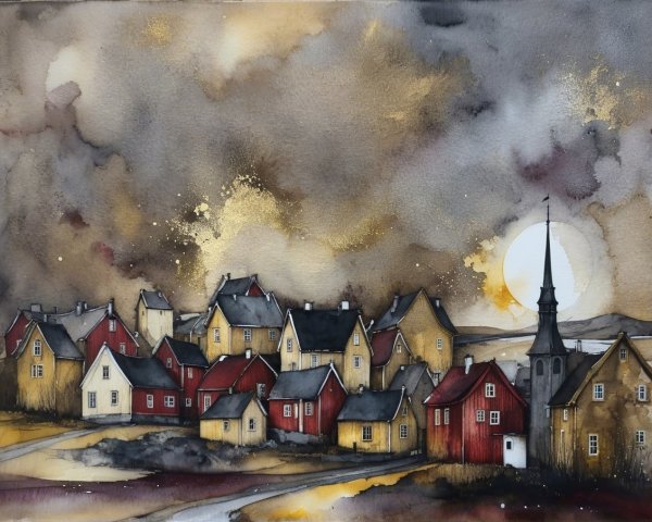 Watercolor Village Scene with Colorful Houses and Sky