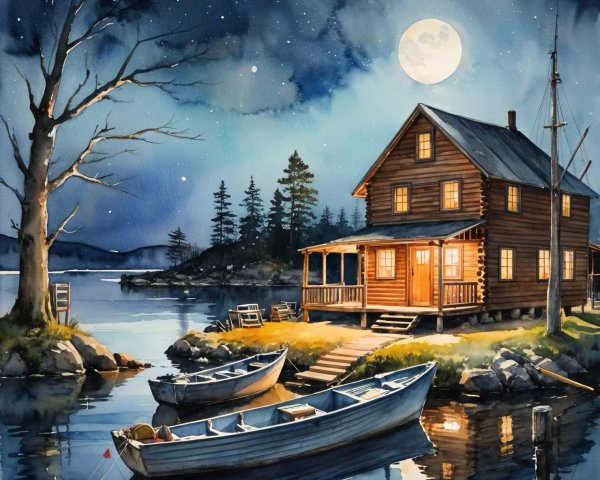 Cozy Wooden House by Tranquil Lake at Night