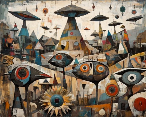 Whimsical Abstract Landscape with Birds and Flowers