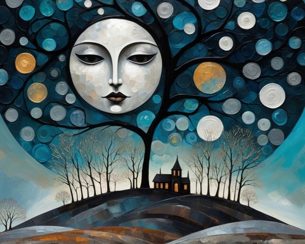Serene Face in Tree with Starry Sky and Church Silhouette