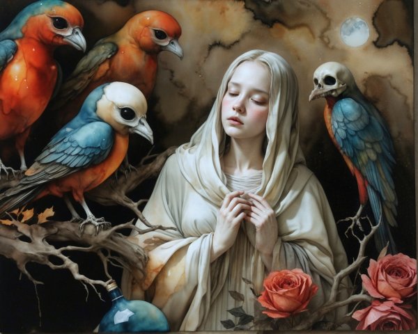 Serene Woman in Cloak Surrounded by Colorful Birds