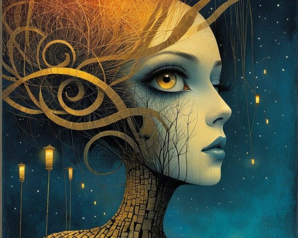 Surreal Portrait of a Woman with Branch-Like Head