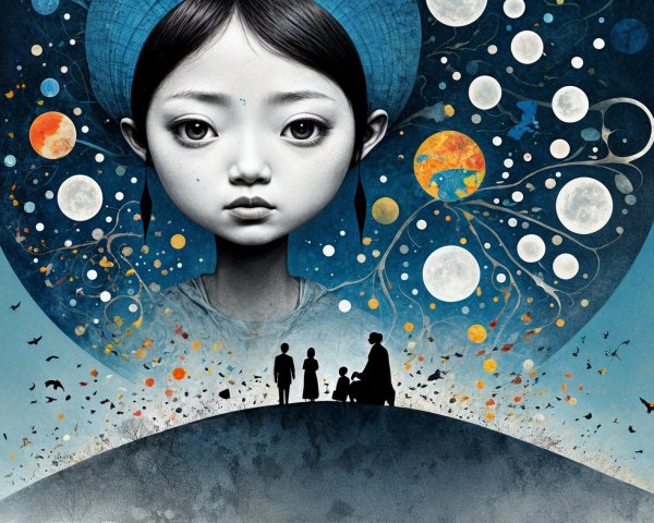 Stylized Large-Faced Girl with Celestial Background