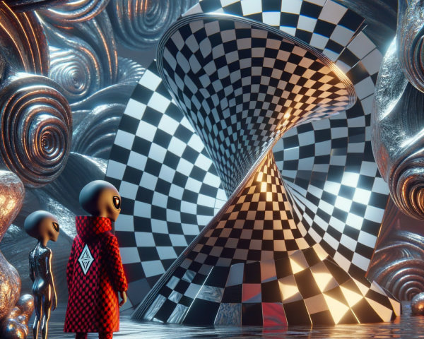 Surreal Alien Figures in Glossy Checkerboard Setting