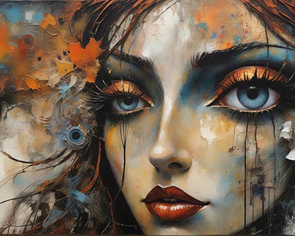 Abstract Mixed-Media Painting of a Woman's Face
