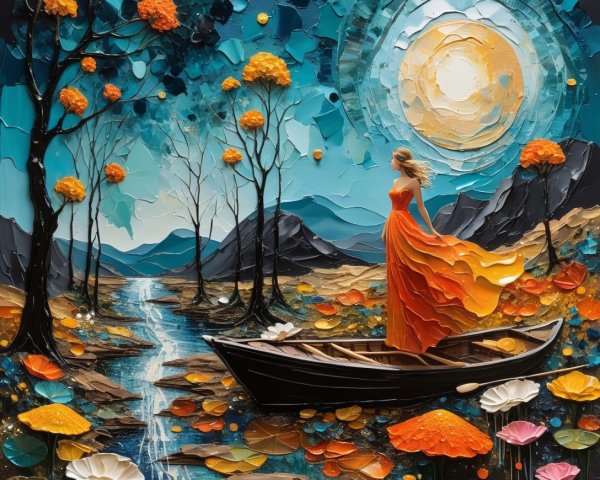 Fantastical Landscape with Woman in Rowboat and Moon