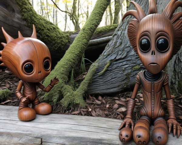 Wooden Figurines in a Lush Forest Setting