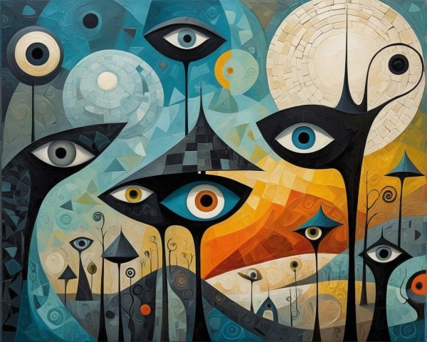 Surrealist Painting with Exaggerated Eyes and Shapes