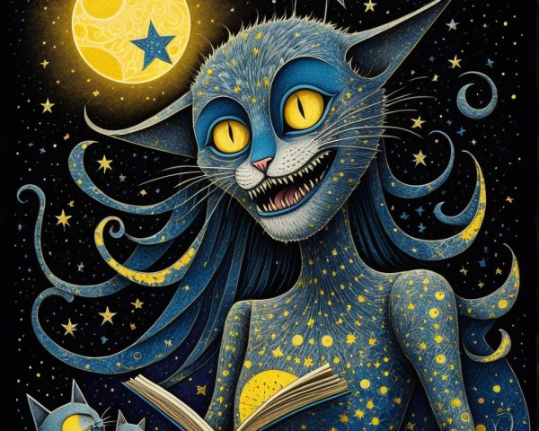 Whimsical Blue-Skinned Cat Reading Under Starry Sky