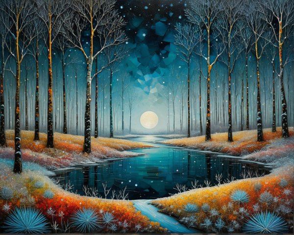 Serene Winter Landscape with Moonlit River and Trees