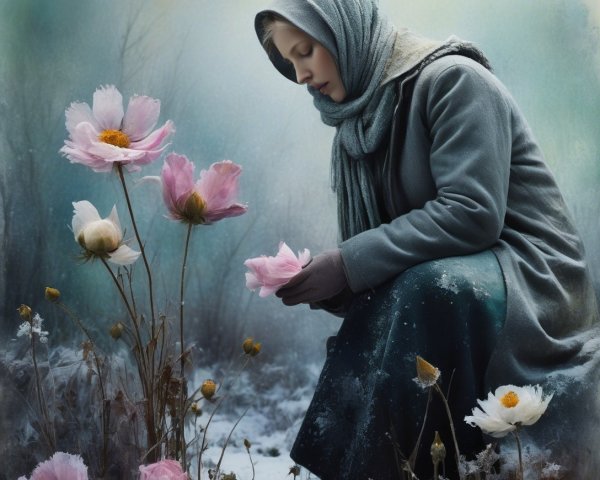 Young Woman in Gray Cloak Holding Pink Flower in Snow