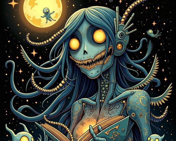Eerie Figure with Glowing Eyes and Whimsical Creatures