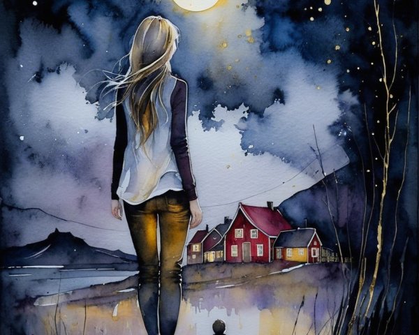 Woman and Child in Dreamlike Moonlit Landscape
