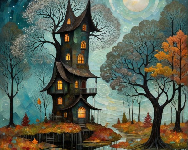 Whimsical Dark Green House by Tranquil Autumn Lake