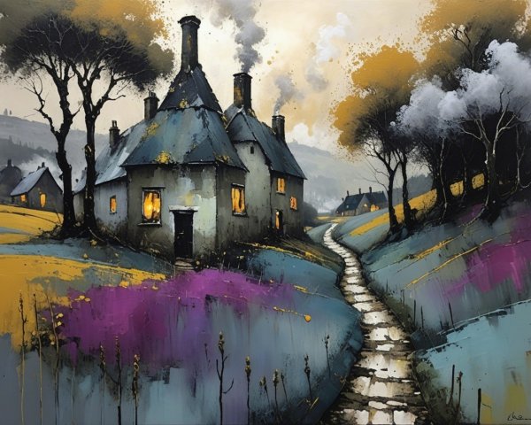 Charming Landscape with Quaint Houses and Rolling Hills