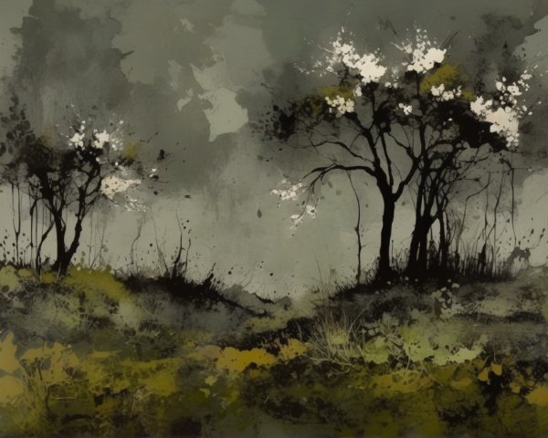 Silhouetted Trees with Blossoms in Serene Landscape