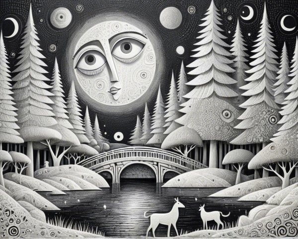 Serene Night Scene with Moon, Trees, and Deer