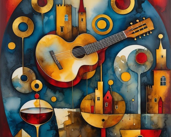 Abstract Composition with Guitar and Whimsical Elements